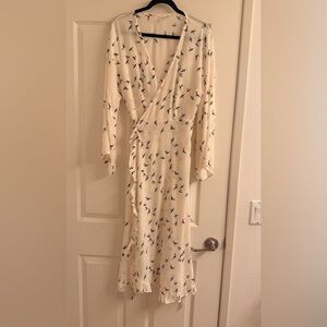 Chic Cream Bird Print Wrap Dress